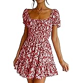 Imily Bela Womens Summer Dress Ruffle Sleeve Sqaure Neck Smocked Sun Dress Casual Boho Beach Floral Mini Dress