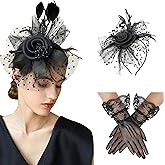 BABEYOND Tea Party Hat and Gloves Set for Women Pillbox Veil Fascinator Hat Lace Gloves Pearl Necklace Earring