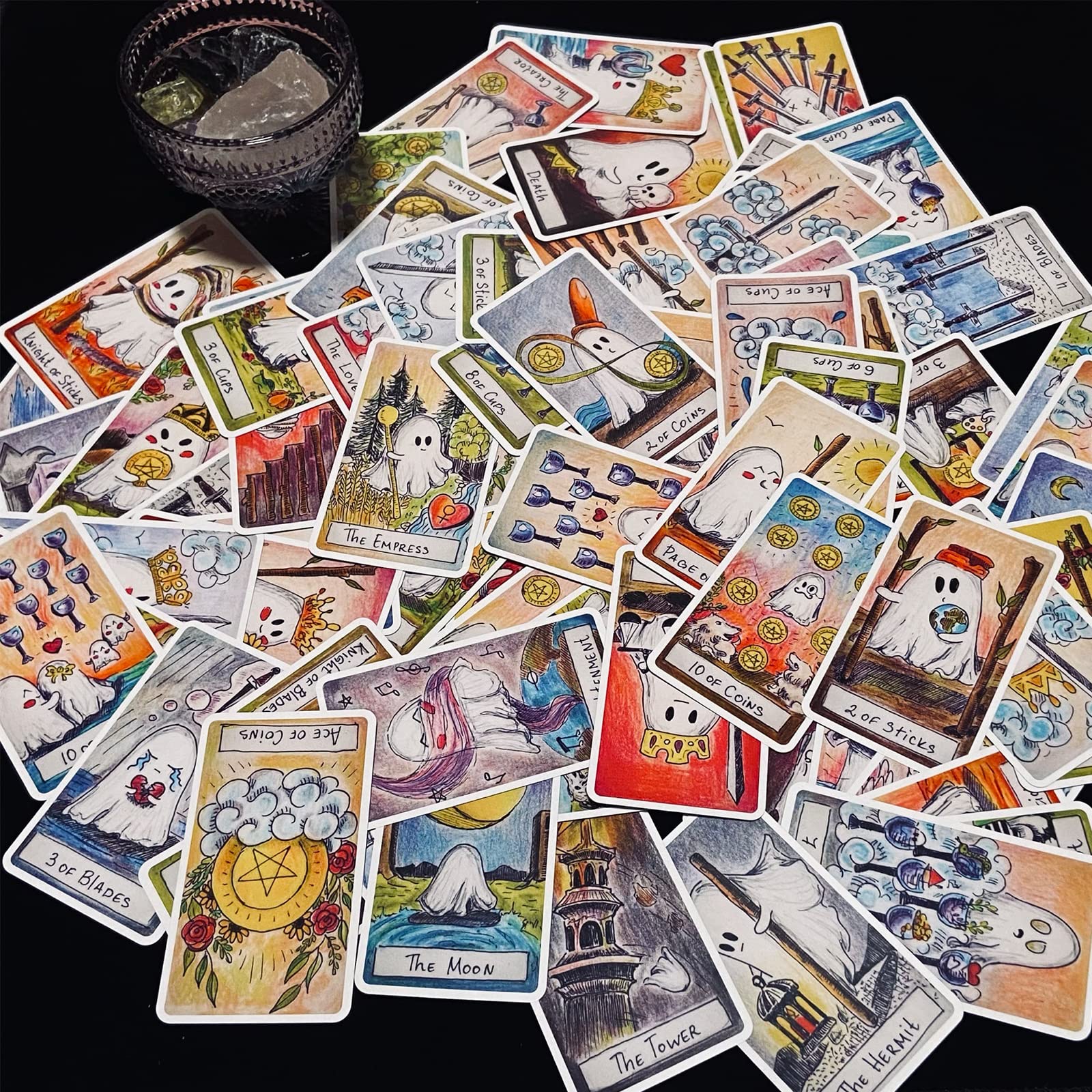 mrdiyshisha Cute Ghost Tarot Deck, 79 Funny Tarot Cards Based on Rider Waite Smith System, Guidebook Included for Beginners (2.75