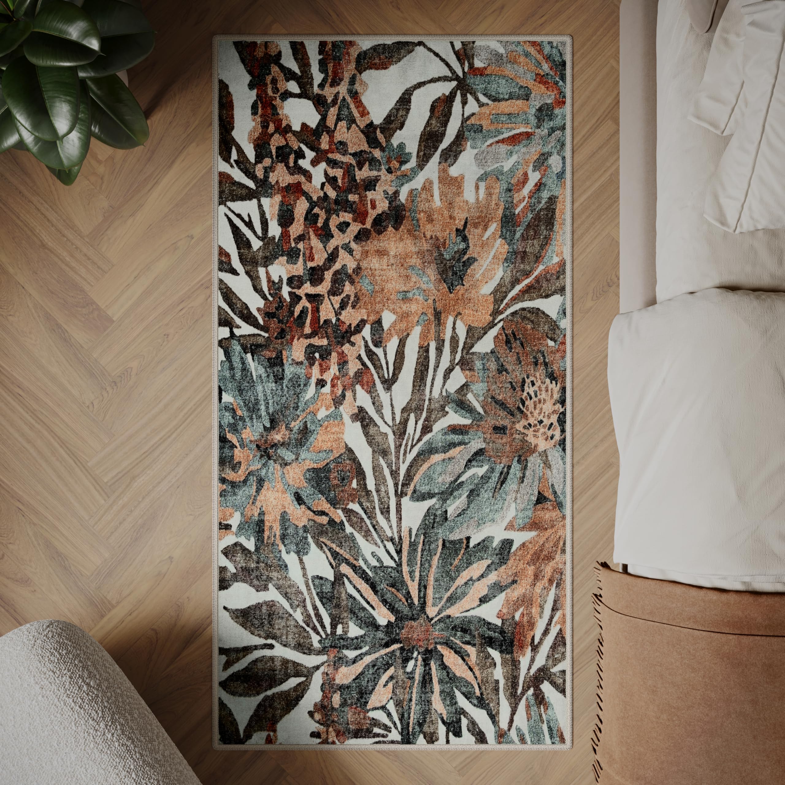 artyrugs Machine Washable Rug, 80x150cm, 75% Recycled Cotton, Short Pile, Non-Slip Backing, Non-Shedding, Suitable for Living Room, Bedroom, Kitchen, Hallway, Office, Dark Khaki & Peach