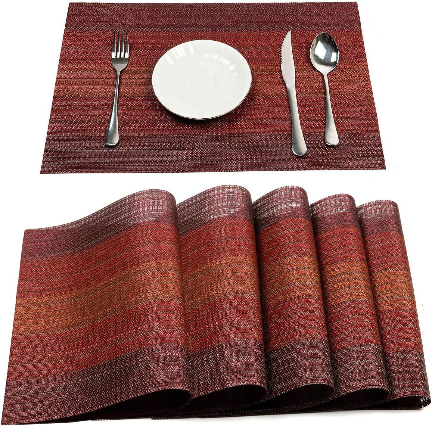 Table mats Set of 6 Stain Resistant Heat Insulation Non-Slip Washable Placemats by 30X45CM, Red