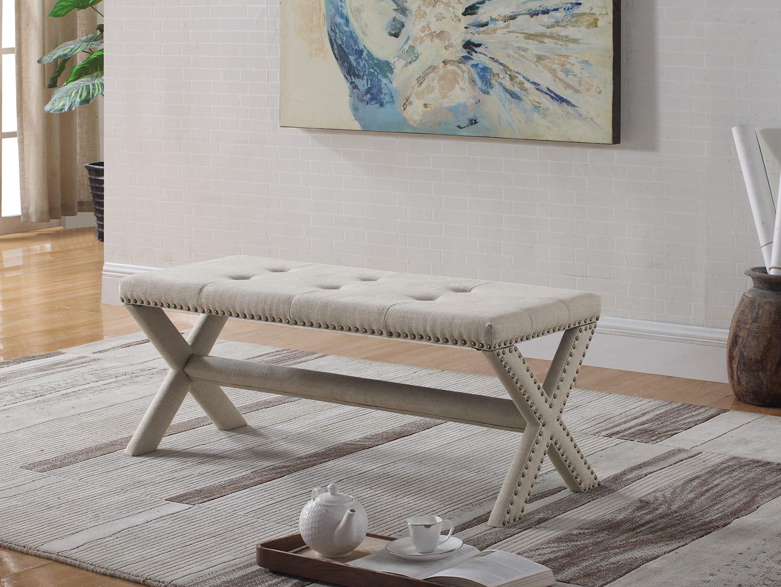 Best Master FurnitureSasha Linen Blend Accent Bench with Nailhead Trim - Beige, Gray