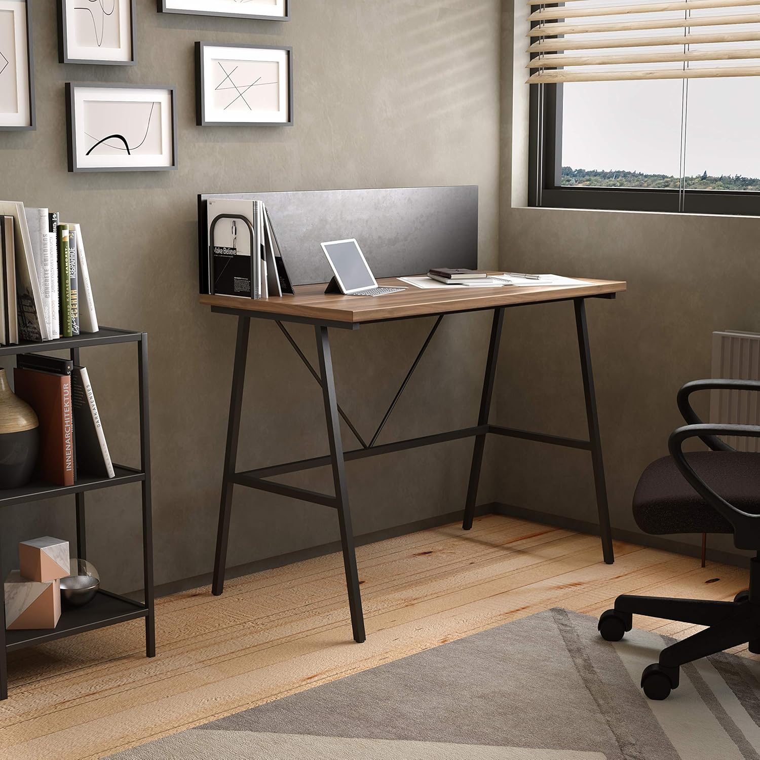 Office Hippo Home Office Desk with Backboard and Bookrest, Walnut, 100