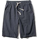 SIR7 Men's Linen Casual Classic Fit 11 Inch Inseam Elastic Waist Shorts with Drawstring
