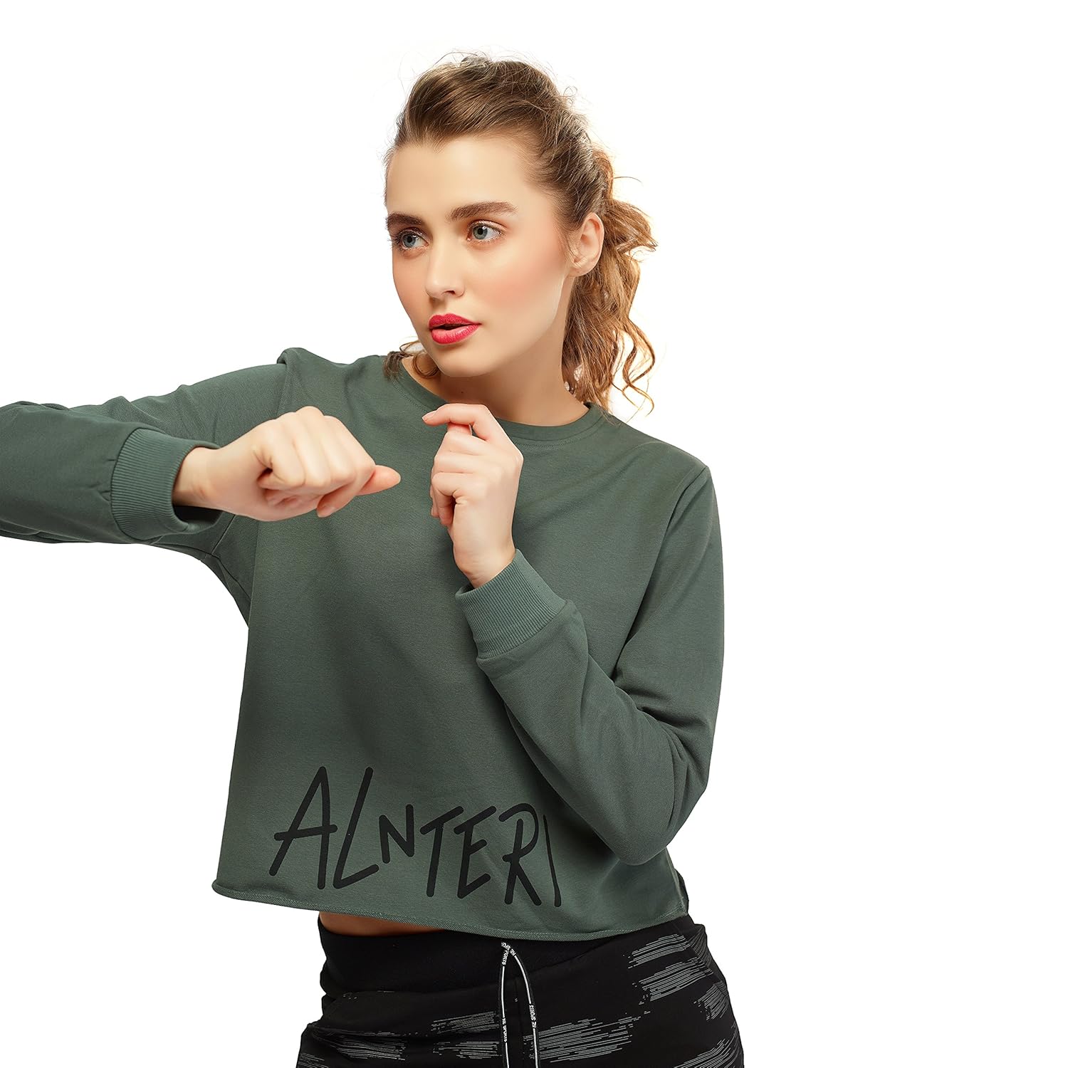 zeyo women heavy cotton olive crop top full sleeve round neck solid plaintees