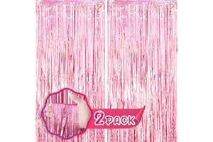 Voircoloria 2 Pack 3.3x8.2 Feet Laser Pink Foil Fringe Backdrop Curtains, Tinsel Streamers Birthday Party Decorations, Fringe Backdrop for Graduation, Baby Shower, Gender Reveal, Disco Party