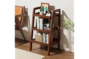 Grewood 100% Solid Oak Wood 3-Tiers Ladder Shelf, Small Bookcase, Ladder Bookshelf, End/Side Table for Living Room, Display Storage Open Shelf for Bedroom Kitchen Bathroom (Walnut Color)