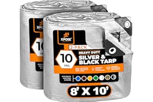 Heavy Duty Poly Tarp - 8' x 10' (2-Pack) - 10 Mil Thick Waterproof, UV Blocking Protective Cover - Reversible Silver and Black - Laminated Coating - Grommets - by Xpose Safety