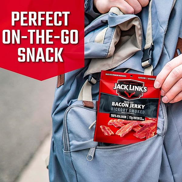 JACK LINK’S BACON JERKY, HICKORY SMOKED – FLAVORFUL READY TO EAT MEAT SNACK WITH 11G OF PROTEIN PER SERVING, MADE WITH 100% THICK CUT REAL BACON, PROTEIN SNACK, KETO FRIENDLY, 2.5 OZ.