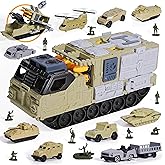 XDUOYJOY Military Tank Toy Sets with Launchable Missiles, Army Toys with 9 Vehicles, Helicopter Trucks Army Men Action Figure