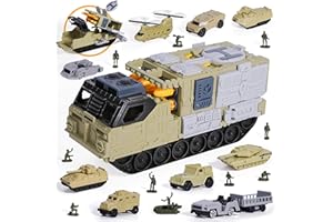 XDUOYJOY Military Tank Toy Sets with Launchable Missiles, Army Toys with 9 Vehicles, Helicopter Trucks Army Men Action Figure