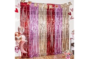 LOLStar 3 Pack Valentines Day Party Decorations 3.3X6.6 ft Photo Booth Props Red Pink Champagne Gold Valentine's Day Decors Foil Fringe Curtains Backdrop Streamers for Wedding Birthday Engagement