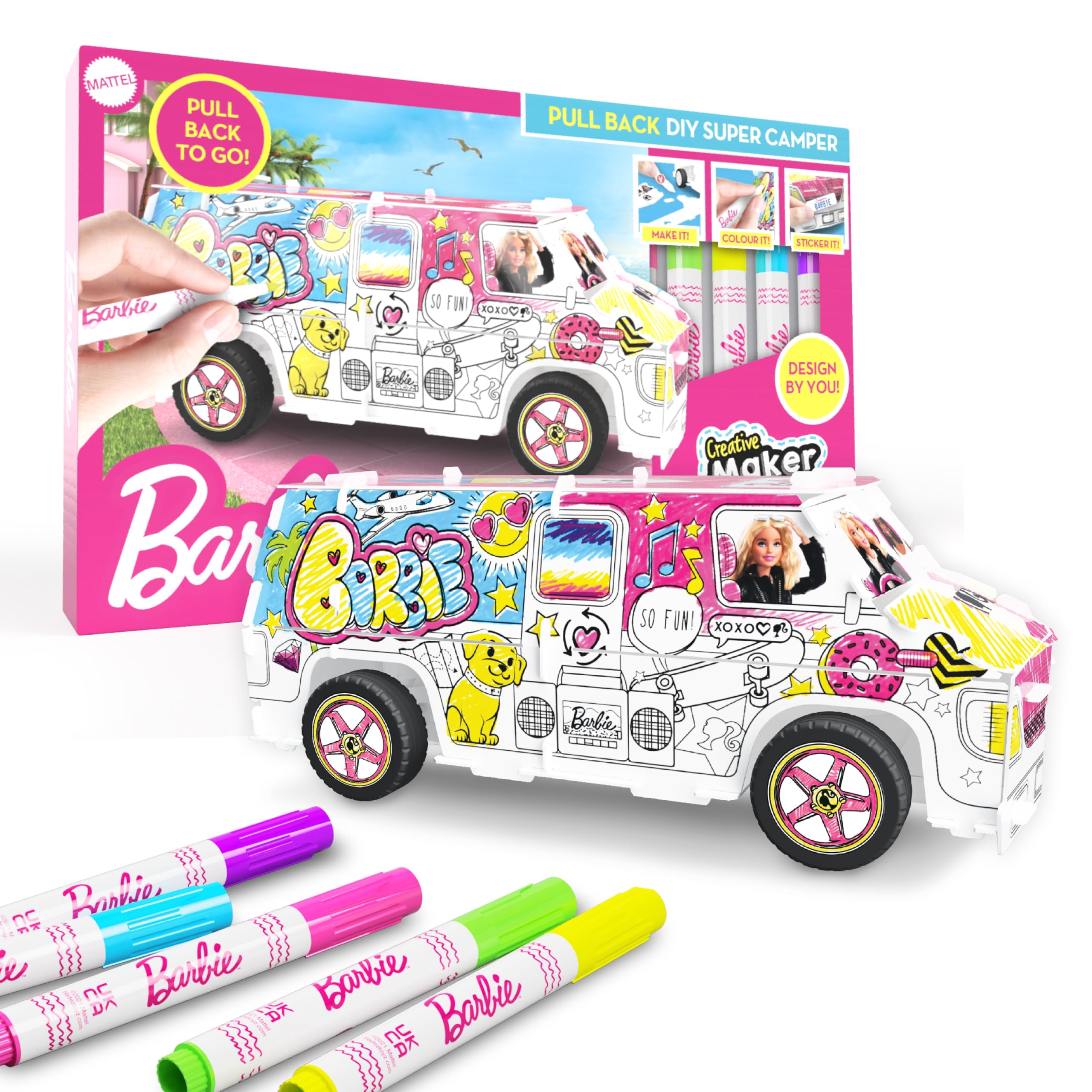 BLADEZ Barbie Toyz Sticker Activity Set DIY Super Barbie Camper Van - Pull Back Vehicle Customizable Dolls & Stickers - Creative Barbie Toys for Arts & Crafts - Perfect Barbie Gifts for Barbie Girls