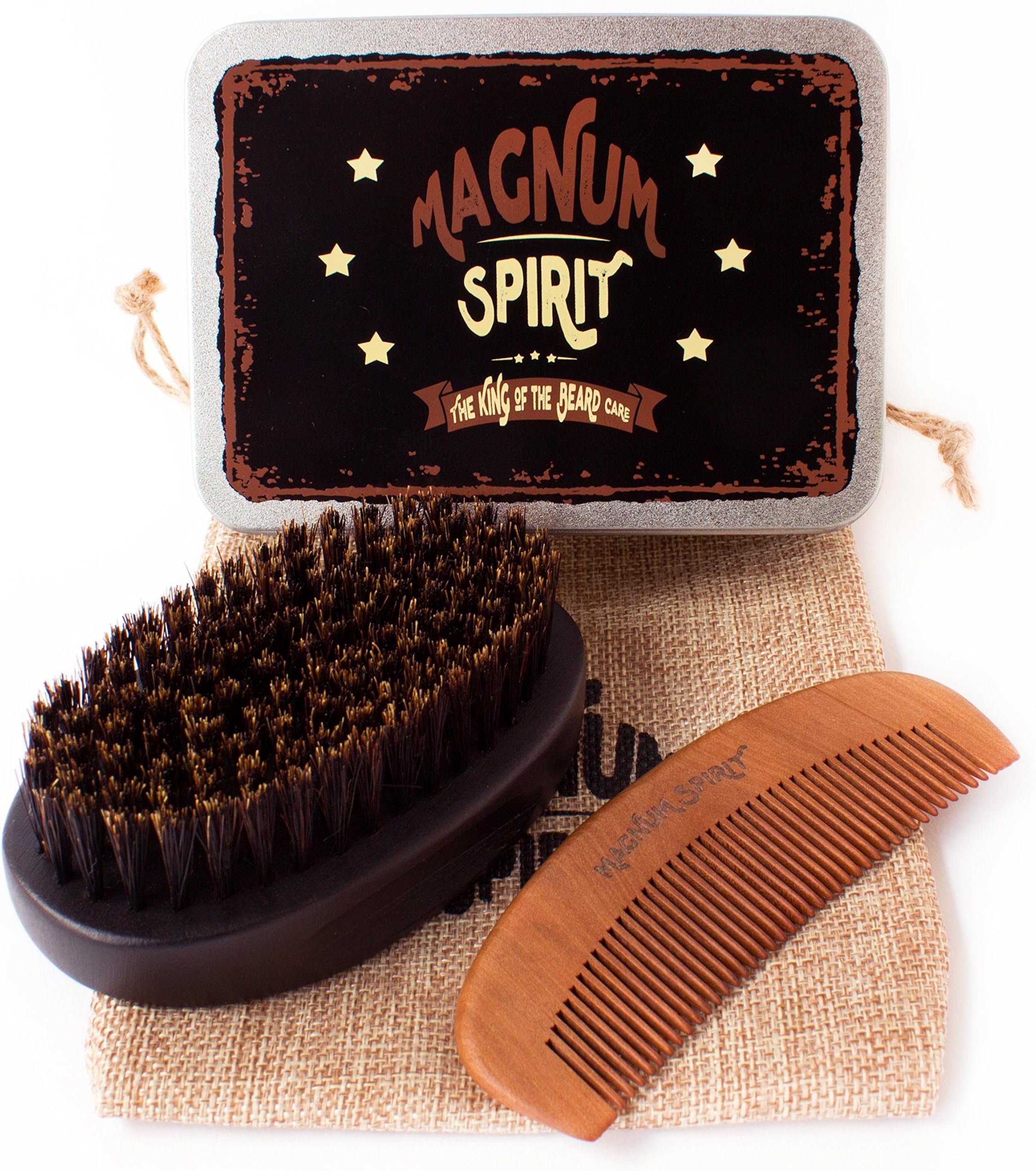 Beard Brush and Comb Set for Men w/Travel Bag & Metal Gift Box, Firm 100% Boar Bristle Brush & Handmade Wooden Beard Comb - Kit for Beard, Mustache & Hair