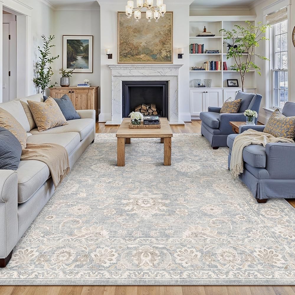 WondRg 8x10 Washable Area Rug for Living Room Bedroom Blue Neutral Distressed Carpet Low Pile Soft Thin Tapis Salon Floral No