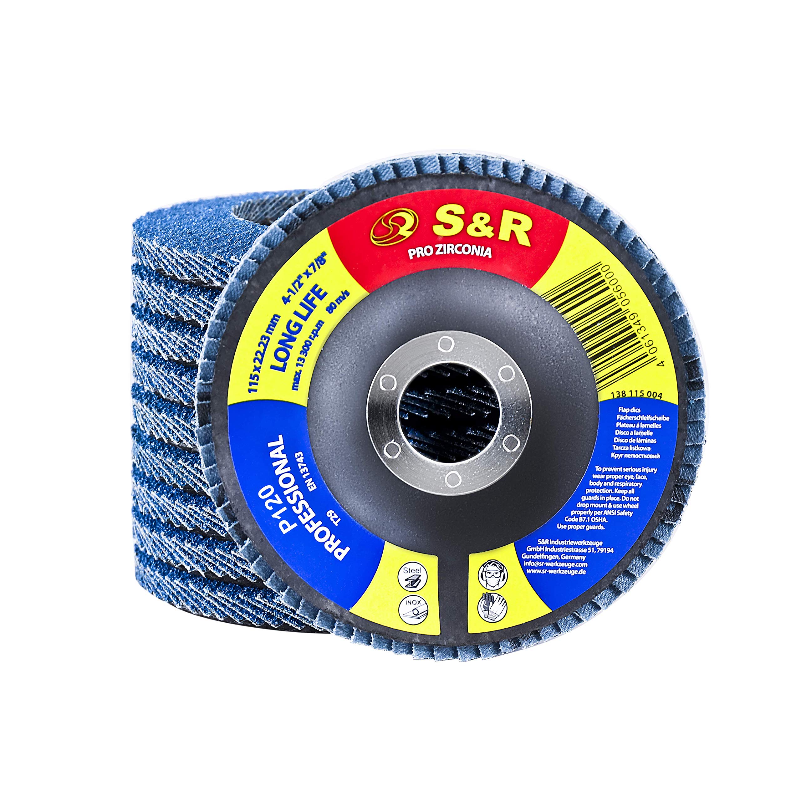S&R Pro Zirconia Flap Discs Set of 10-115 x 22.23 mm, P120 for Steel and Stainless Steel Grinding, Professional Grinding Discs for Ultimate Precision and Durability