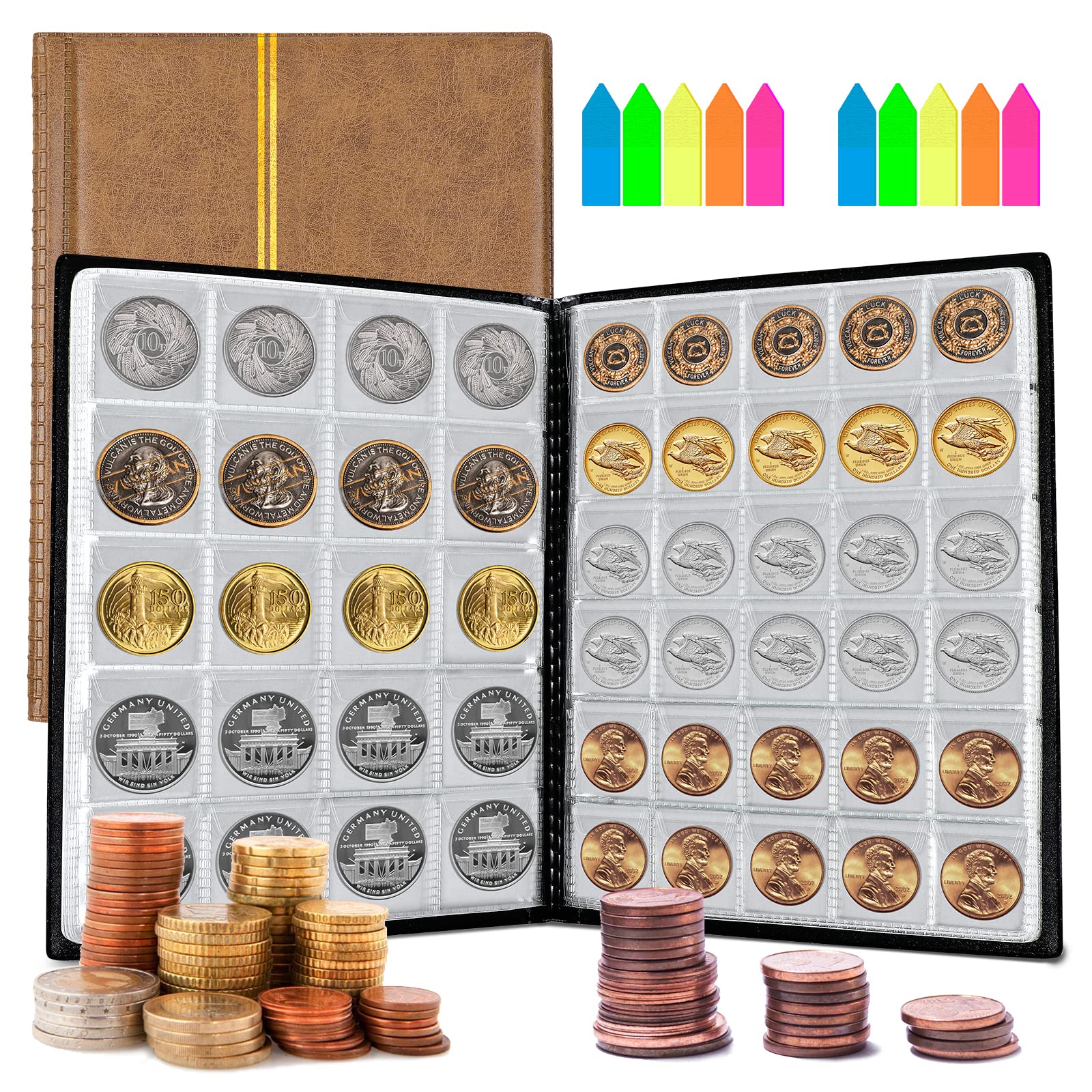 Homgaty Coin Collection Album, 250 Pockets, Waterproof, for Collecting Coins and Souvenir Coins, 10 Pages, Brown, 21.8cm x 16.8cm x 0.7 cm