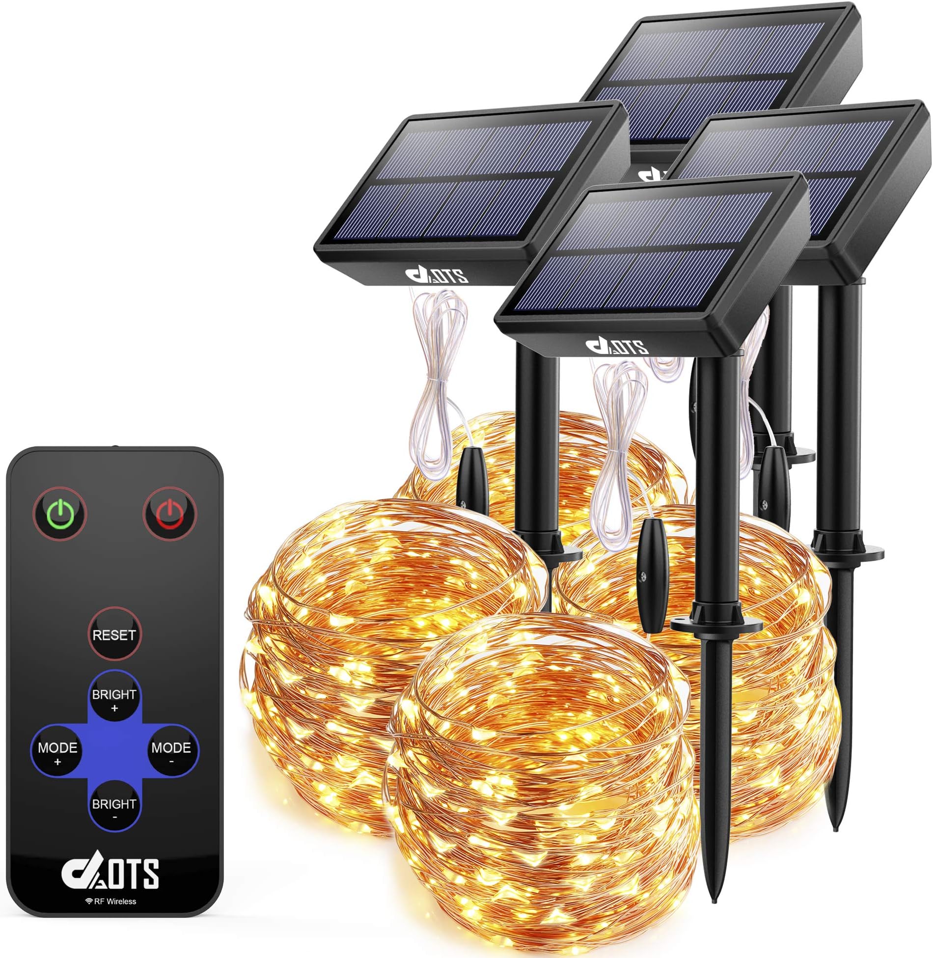 DAOTS Solar Powered String Lights Outdoor Waterproof 200 LED Fairy Christmas Lights, Decorative Copper Wire Solar String Lights with Remote 8 Modes for Garden Patio Tree (Warm White, 66ft) (4 Pack)