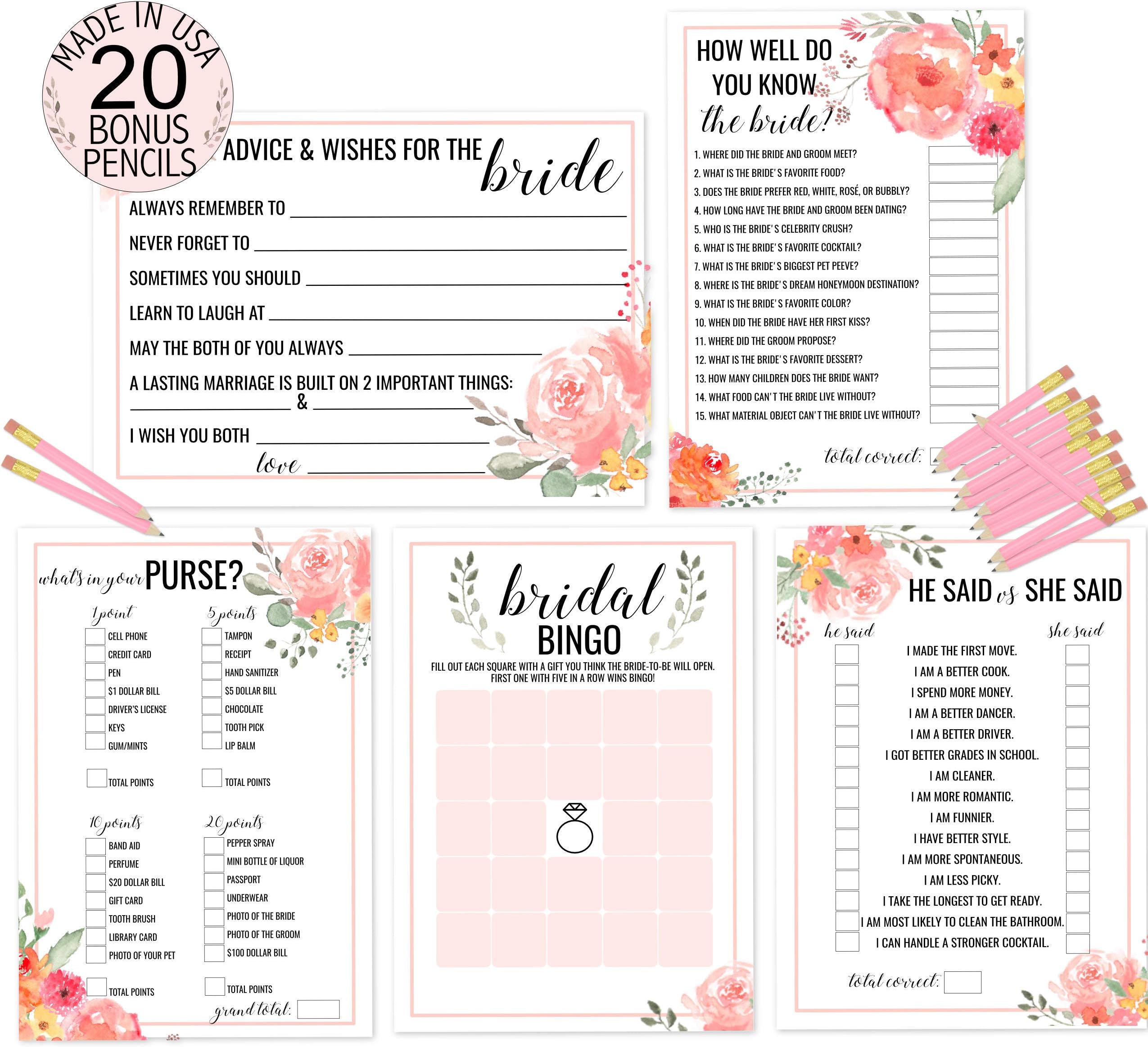 Bridal Shower Game Bundle - 5 Floral Vintage Themed Games - 50 Sheets each 5x7 - Bonus 20 Pink Pencils