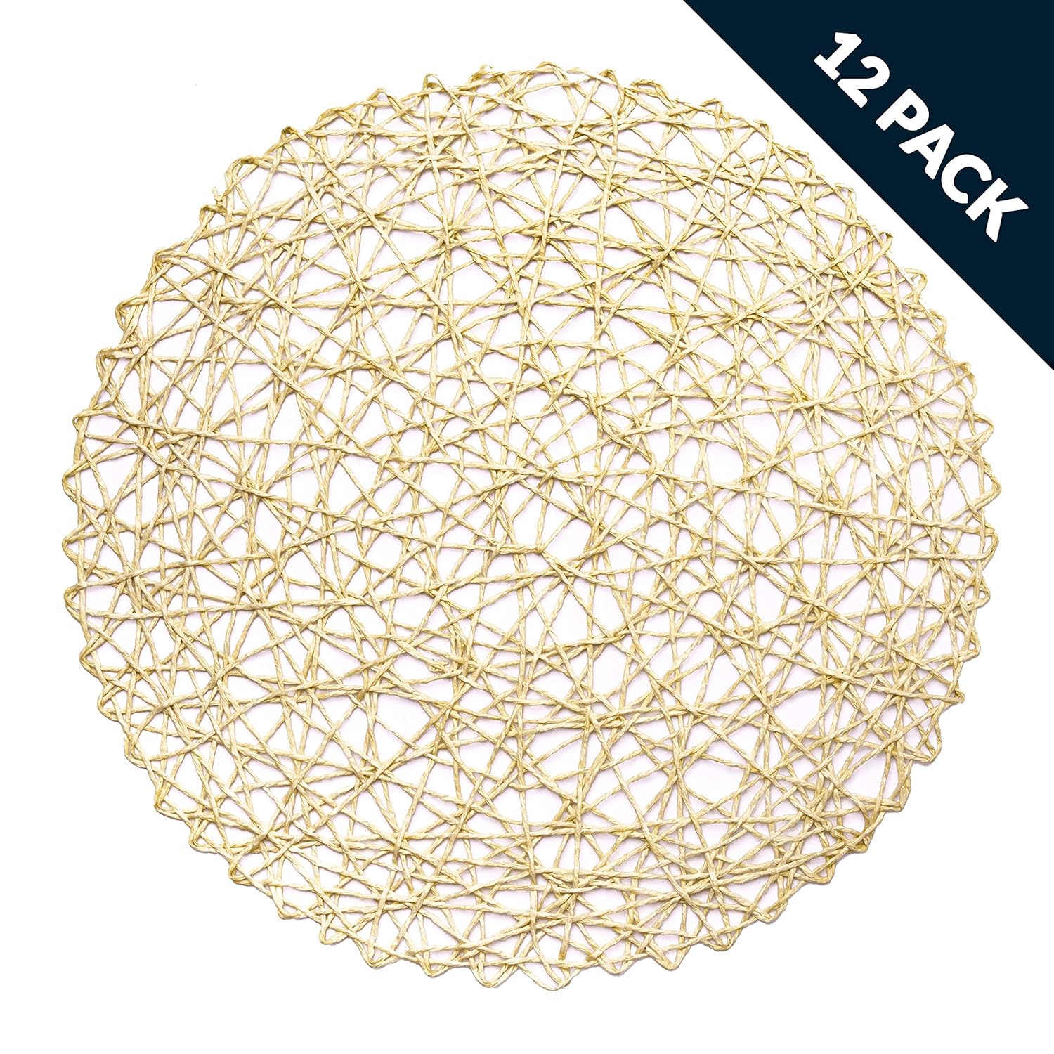 LuckyDream Round Paper Woven Placemats, 15-inch, Set of 12, Durable 100% Natural Paper Fiber, Decorative Rope Mesh Place Mats for Dining, Party and Wedding (Light Brown)