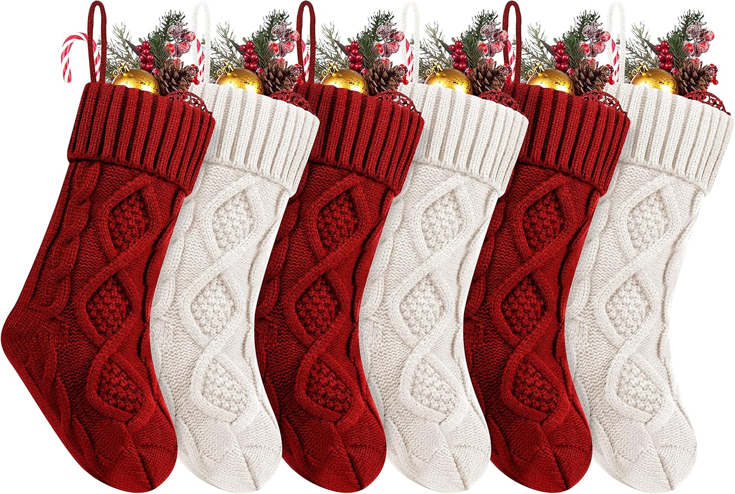 Stockings & Holders - 6 Pack Christmas Stockings, 14 Inches Cable Knitted Stocking Gifts & Decoration for Family Holiday Xmas Party Decor, Ivory White&Burgundy