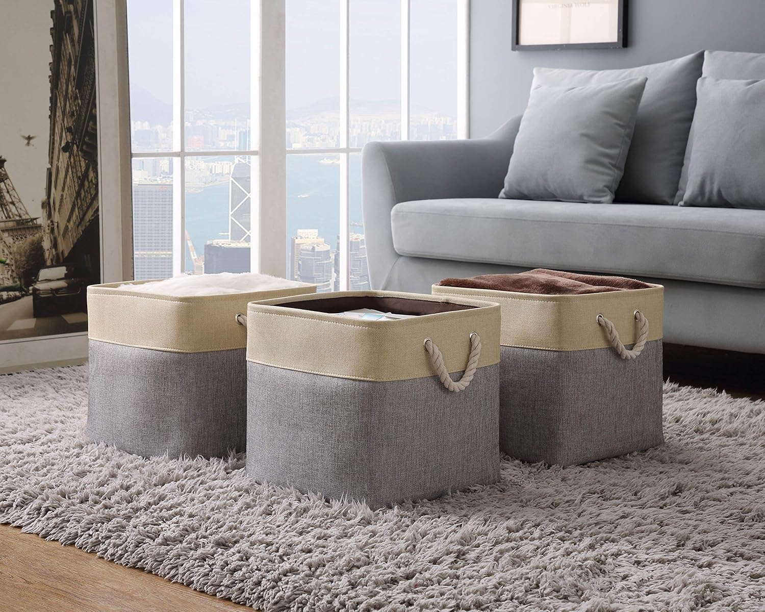 Foldable Storage Bin Grey And Beige Cube 13 X 13 X 13 Rugged Canvas Fabric Cube Container With Handles Offices And Homes Decomomo Set Of 3 Great For Organizing Closets Baskets Home Urbytus Com