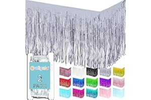 Allgala Silver Tinsel Table Skirt 2-Pack 29x108 Inch Metallic Foil Fringe Table Skirts for Party Event, Parade Float, Party Decoraton