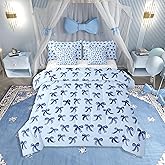Erosebridal Blue Bow Queen Bedding Set 7 Pieces Teen Girl Coquette Bow Comforter Set with Sheets Modern Trendy Cute Bowknot Bed in A Bag for Preppy Princess Fashion Bowknot Quilt Duvet Bed Sets