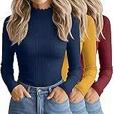 Oakgarden 3 Pack Women's Cotton Long Sleeve Mock Turtleneck Tops Ribbed Lettuce Trim Slim Fit Shirts Thermal Base Layer(Dark Blue, Ginger, Wine Red,Large)