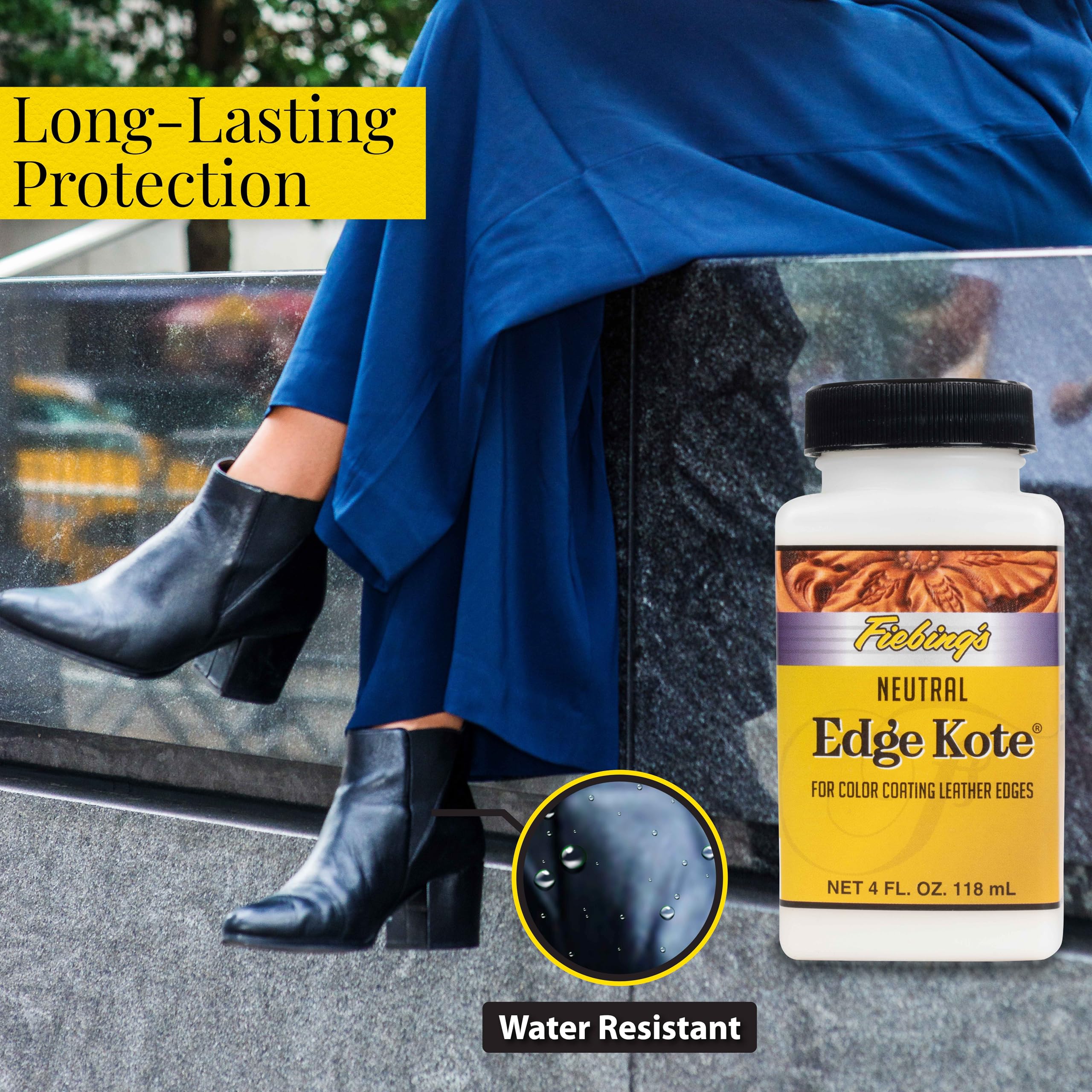 Fiebing's Edge Kote (4oz, Neutral) - Leather Edge Paint for Shoes, Furniture, Purses, Couches, Belts - Flexible, Water Resistant, Semi Gloss Color Coating Leather Dye to Protect Natural Edges