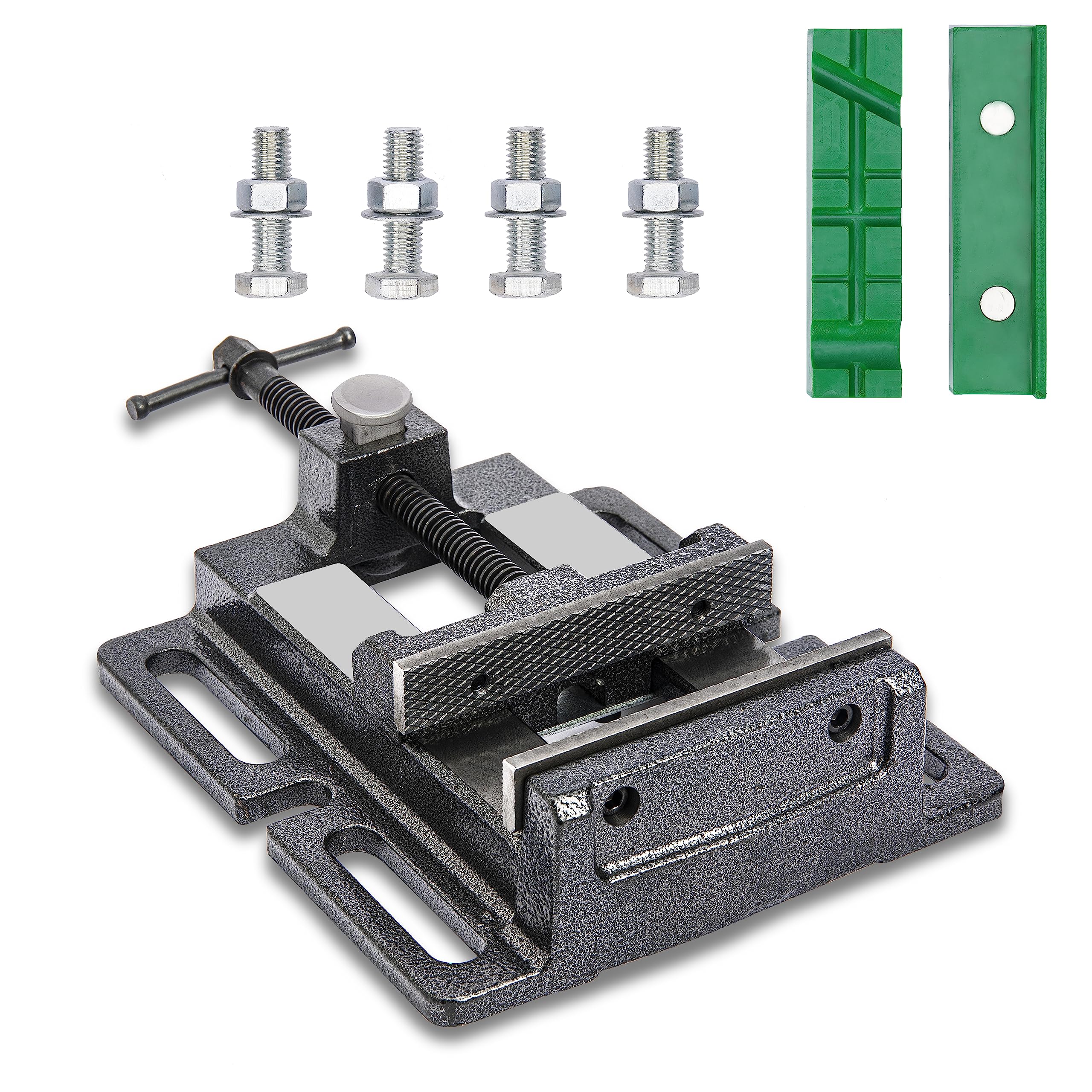 ZTUKOMN Drill Press Vise, 4" Heavy Duty Green Steel Bench Vise with Multi-Groove Vice Jaw Pads and Quick Adjustment Button