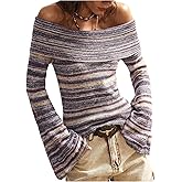 MakeMeChic Women's Striped Off The Shoulder Sweater Bell Sleeve Y2k Pullover Crop Tops