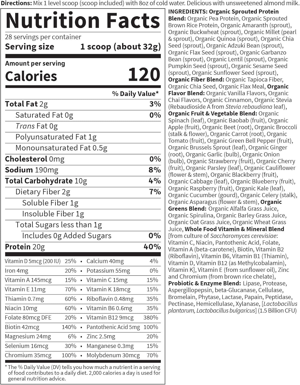 Garden of Life Meal Replacement Vanilla Chai Powder, 28 Servings, Organic Raw Plant Based Protein Powder, Vegan, Gluten-Free: Health & Personal Care