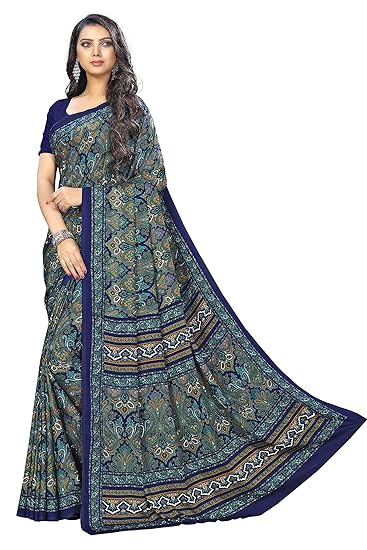 Womens Crepe Georgette Printed Saree With Blouse(green-channel-6266-blue)