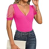 Fayenne Womens Tops Deep V Neck Cross Wrap Sexy Tops Polka Dot Mesh Short Sleeve T Shirt Casual Blouses