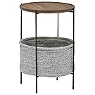 Rivet Meeks Round Storage Basket Side Table, Walnut and Grey Fabric