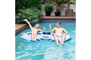 Sunrio 2025 Upgrade River Tube Floats for Adults Heavy Duty Pool Floats Inflatable Water Tube with Cup Holeder, Drink Cooler and Mesh Bottom Backrest (2 Pack Single/Double)