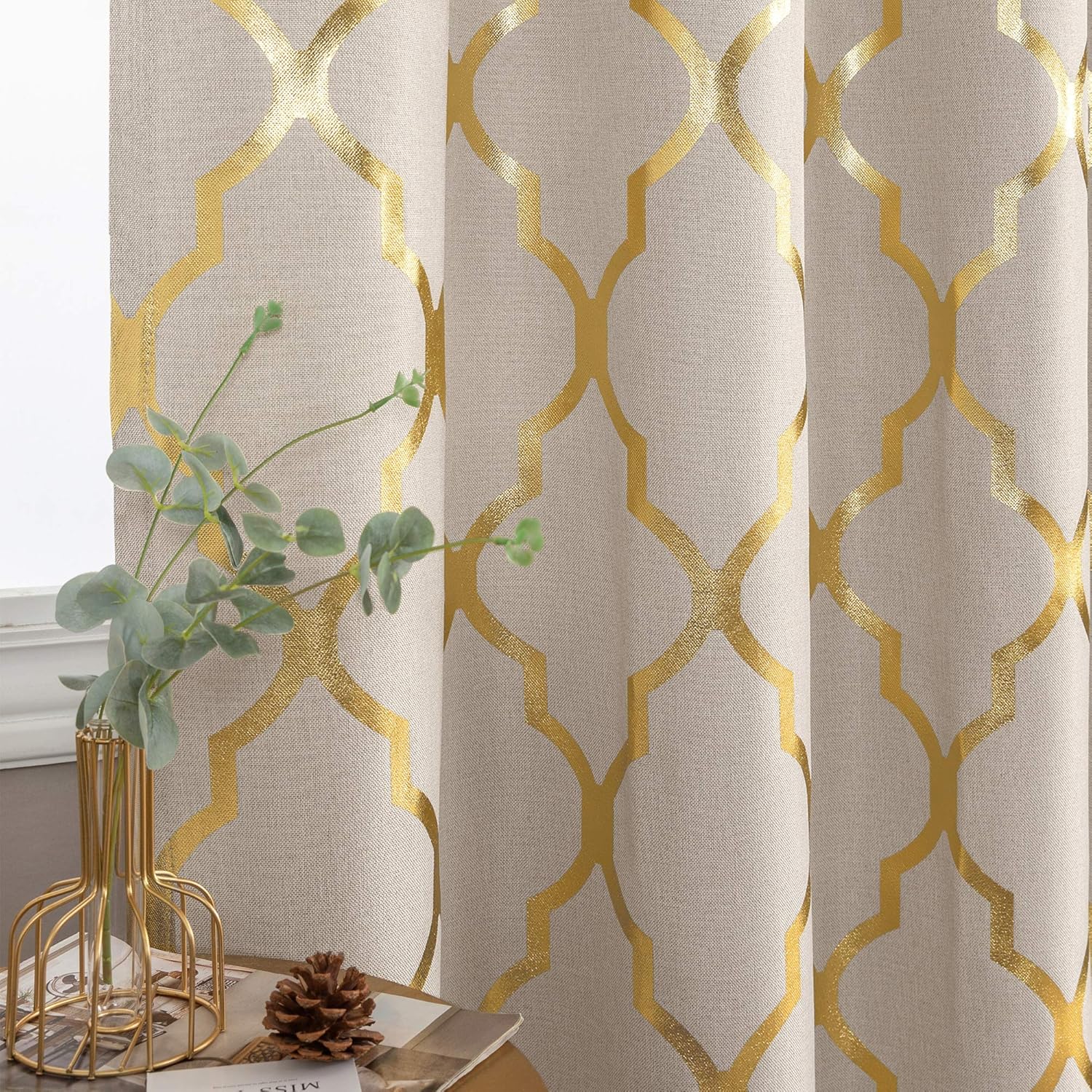 jinchan Linen Textured Curtains for Living Room Darkening Drapes Foil Moroccan Tile Print Curtains for Bedroom Window Treatment Set 72 inch Long One Panel Gold