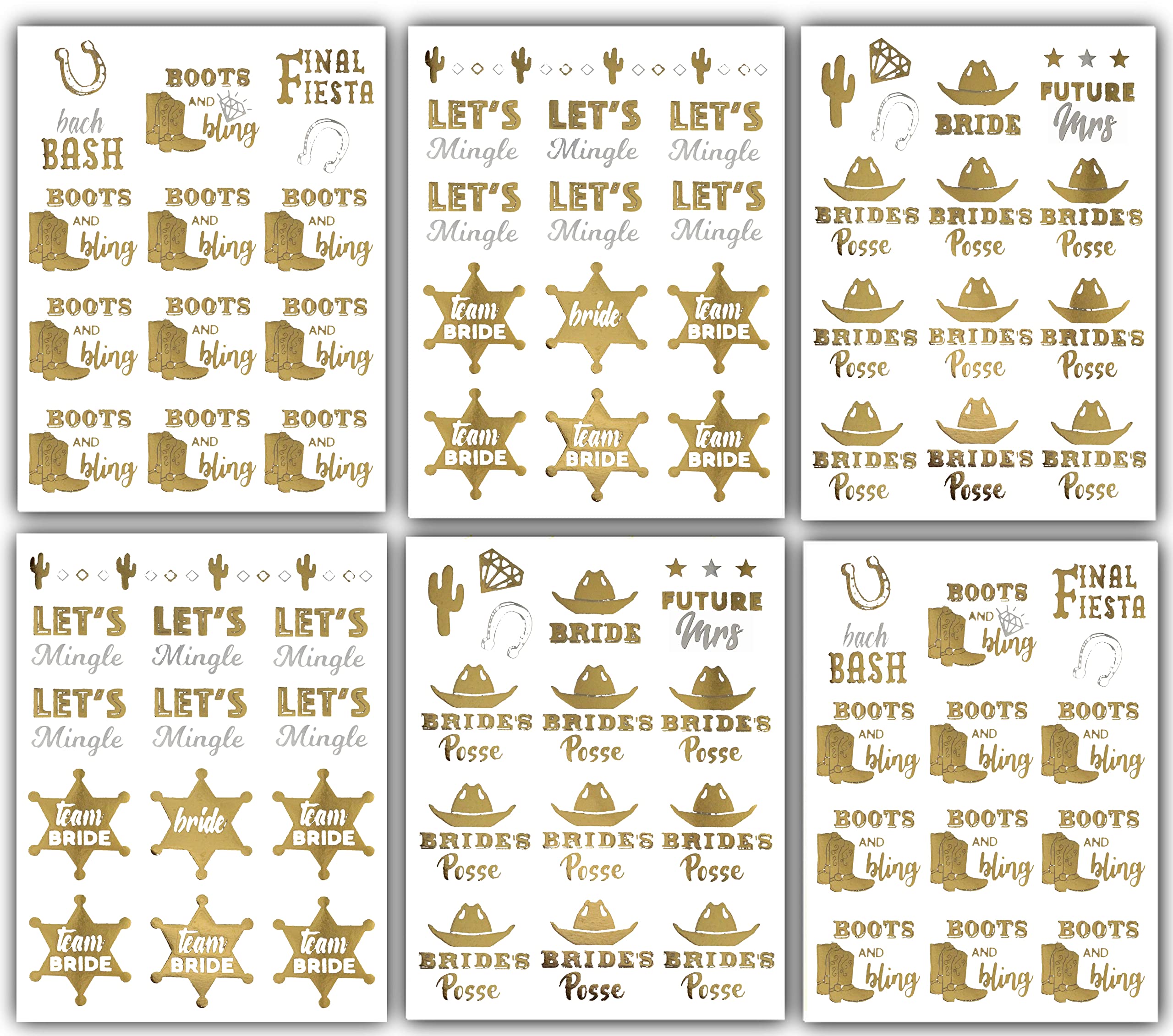 Western Bride Bachelorette Party Tattoos - 100 Team Bride Metallic Temporary Tattoos Gold (6 Sheets) Bachelorettesy Georgia
