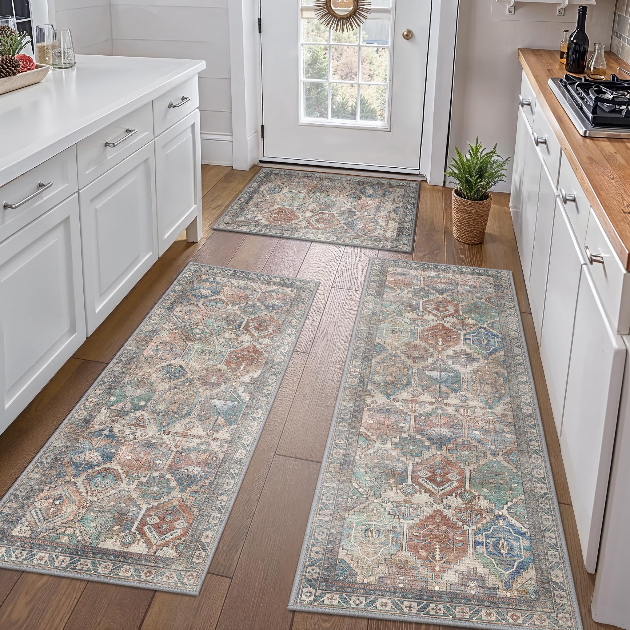 Photo 1 of GENIMO Kitchen Mats for Floor Set of 3 Non-Slip Washable, Waterproof Lightweight Kitchen Rugs, Kitchen Floor Mat Runner Rug Carpet for Laundry, Sink, Hallway, Bathroom, Entryway, Blue Green