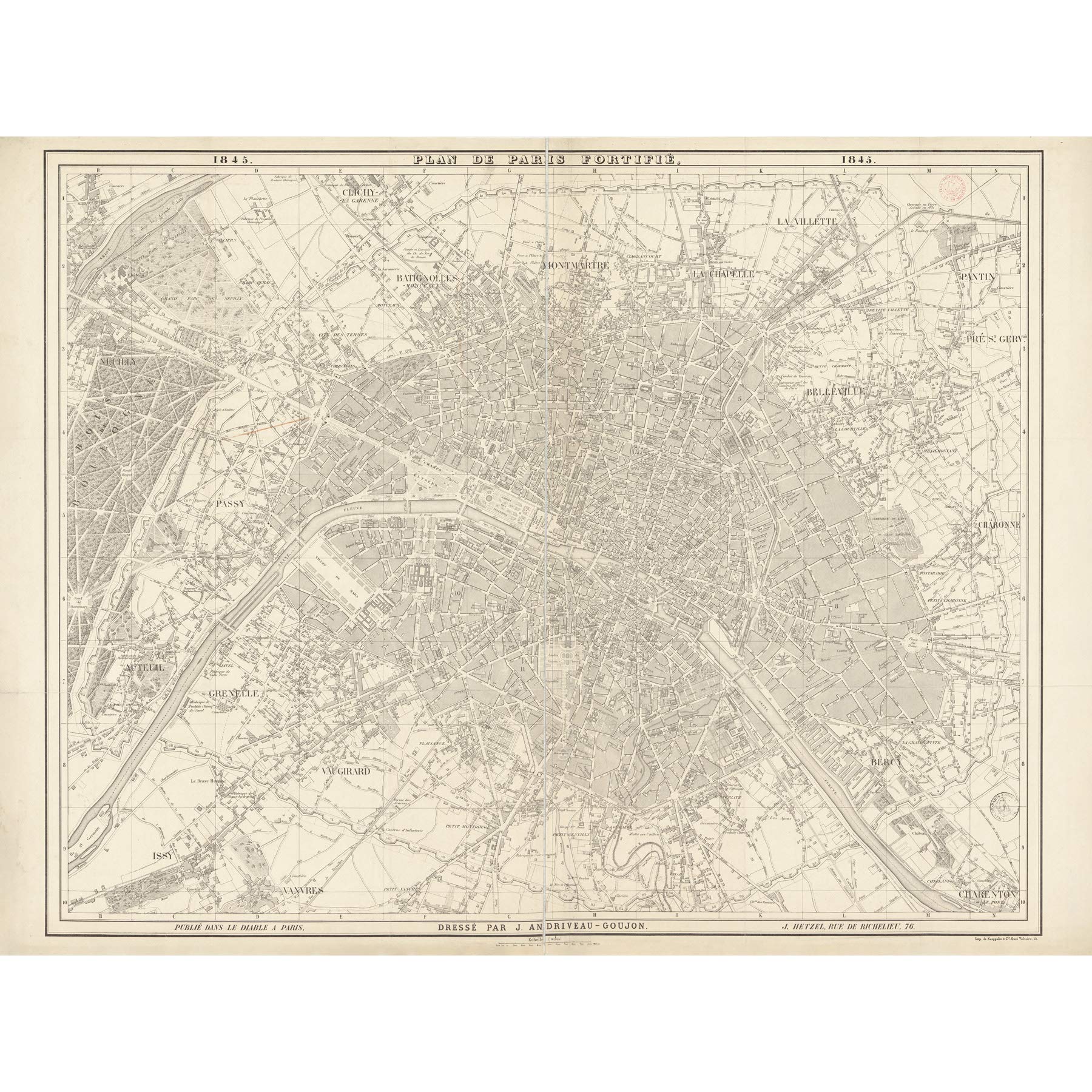 Artery8 Map Andriveau-Goujon 1845 Paris Plan Fortifications Large Wall Art Poster Print Thick Paper 18X24 Inch