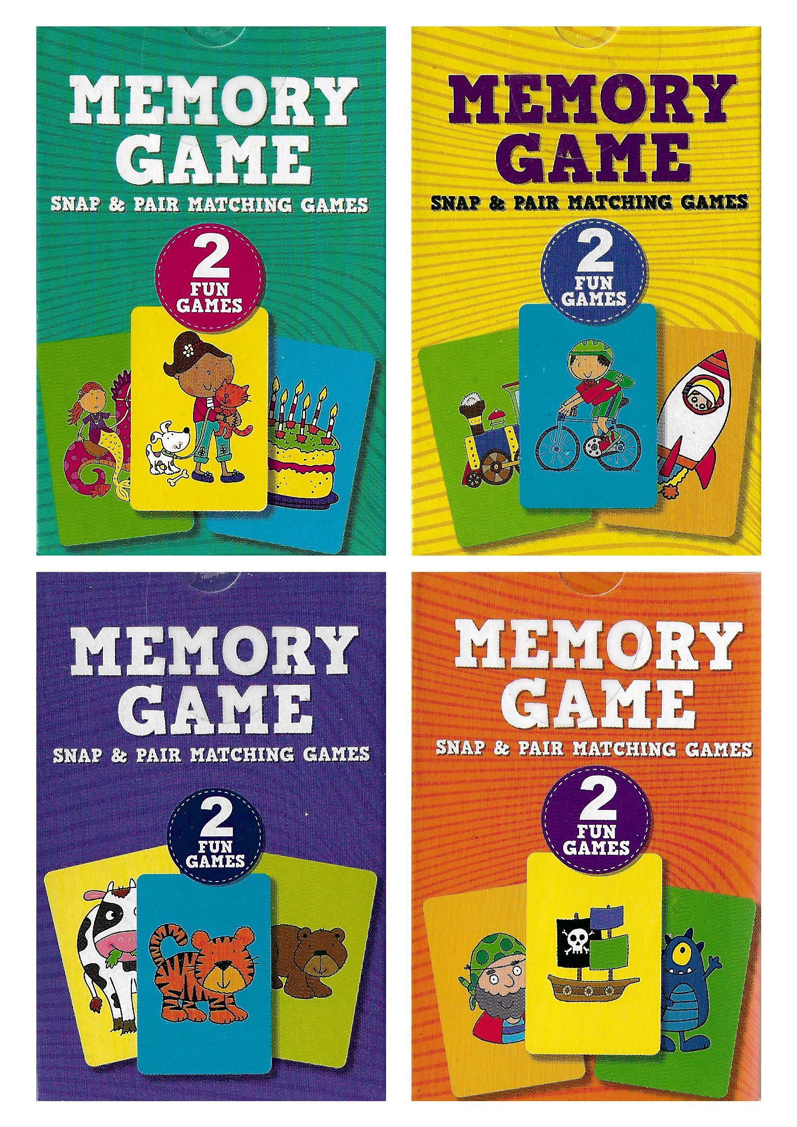 WF Graham Pack of 4 Snap & Pair Matching Memory Games - 2 Fun Games in Each - Party Bag Fillers for Kids, 2-in-1 Memory Game and Snap Cards with a Variety of Themes