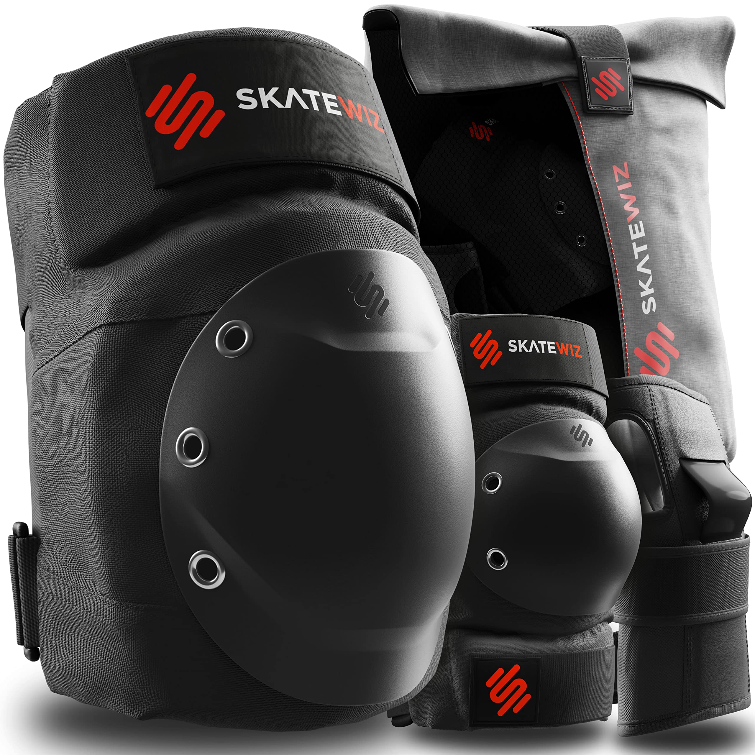 SKATEWIZ Knee and Elbow Pads Adult - Skating Protective Gear - Skate Pads with Wrist Guards - SHIELD - Size M Black - Skateboard, Inline Skates, Scooter, BMX