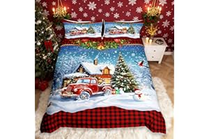 HOMEWISH Kids Christmas Duvet Cover Set Queen Size,Retro Red Truck and Winter Snow View Bedding Set 3Pcs Red Black Gird Comforter Cover for Girls Boys Adult Room Decor,Happy New Year Quilt Cover,2 Pillowcases