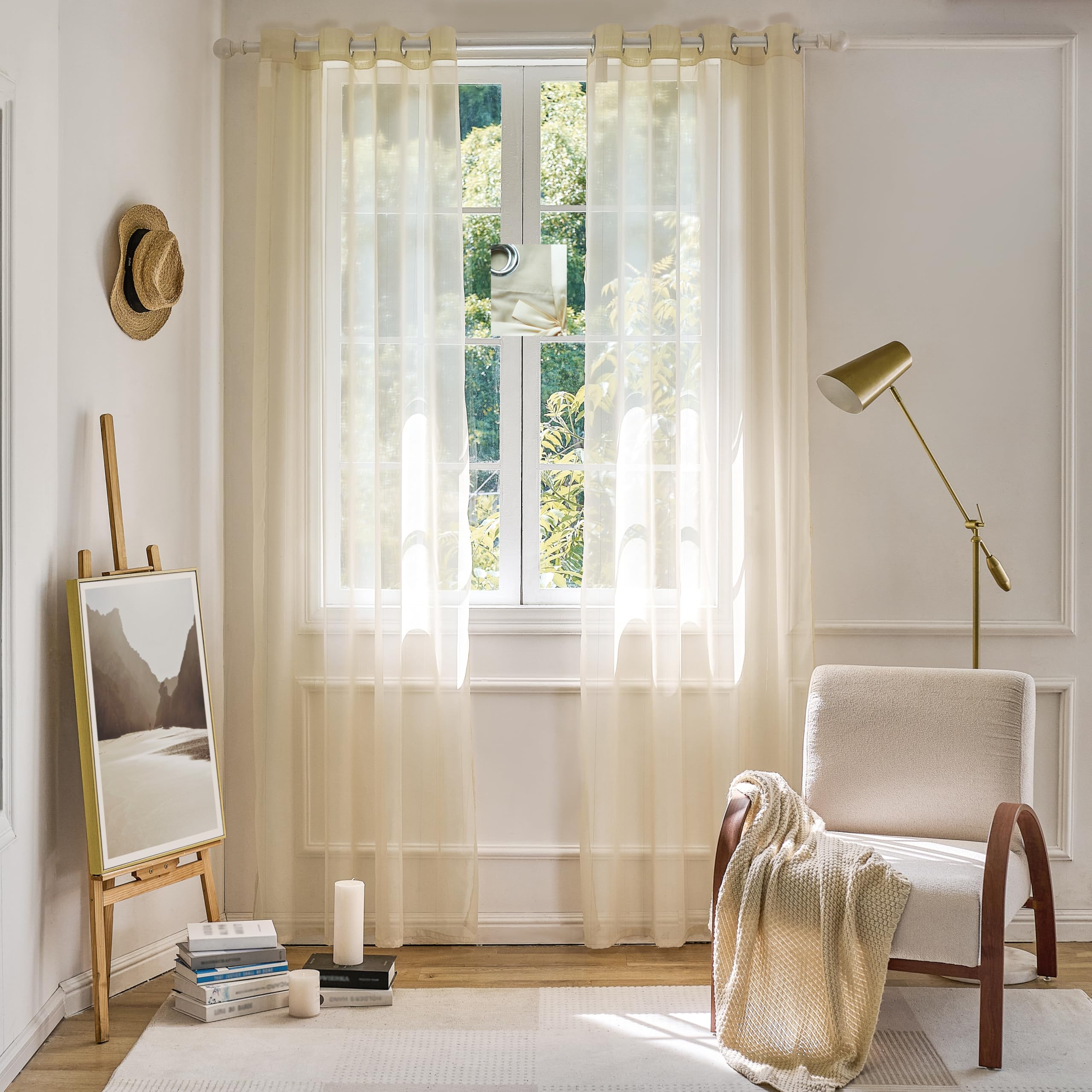 Photo 1 of MISSTIAM Foil Stripe Beige Sheer Curtains 96 inches Length 2 Panels with Grommets 52 inches Widith, Semi Transparant Curtains for Living Room and Multiple Rooms, Light Filtering Window Treatment
