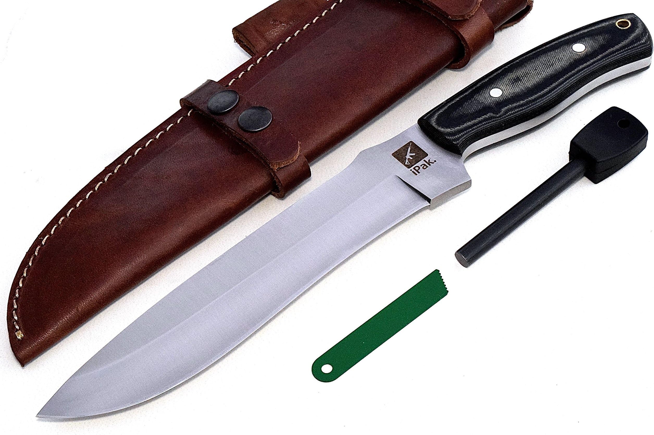 CFK USA IPAK Custom Handmade D2 Tool Steel Micarta Large Bowie Camping Hunting Bushcraft Hunter Knife with Horizontal Leather Sheath & Fire Starter Set CFK177