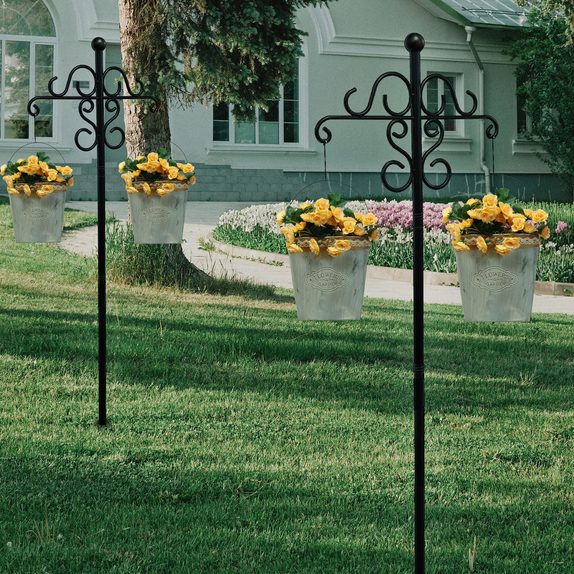 108 Inch 2 Pack Double Shepherds Hooks for Outdoor with 5 Prongs Base, Adjustable Heavy Duty Bird Feeder Poles, Garden Multi Hooks Hanger Stands for Hanging Bird Feeder, Plant Baskets, Solar Lanterns