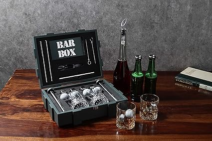 Bar Box Premium Bartender Accessories Set kit 18 pcs- Beer & Wine Chiller Stick Whiskey Stones, Crystal Glasses Enclosed in Military Green Wooden Box