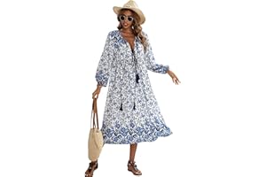 R.Vivimos Women's Long Sleeve Floral Print Retro V Neck Tassel Bohemian Midi Dresses
