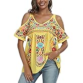 YZXDORWJ Women's Mexican Tops Cold Shoulder V Neck Sexy Blouse Short Sleeve Shirts Embroidered Floral Tunic